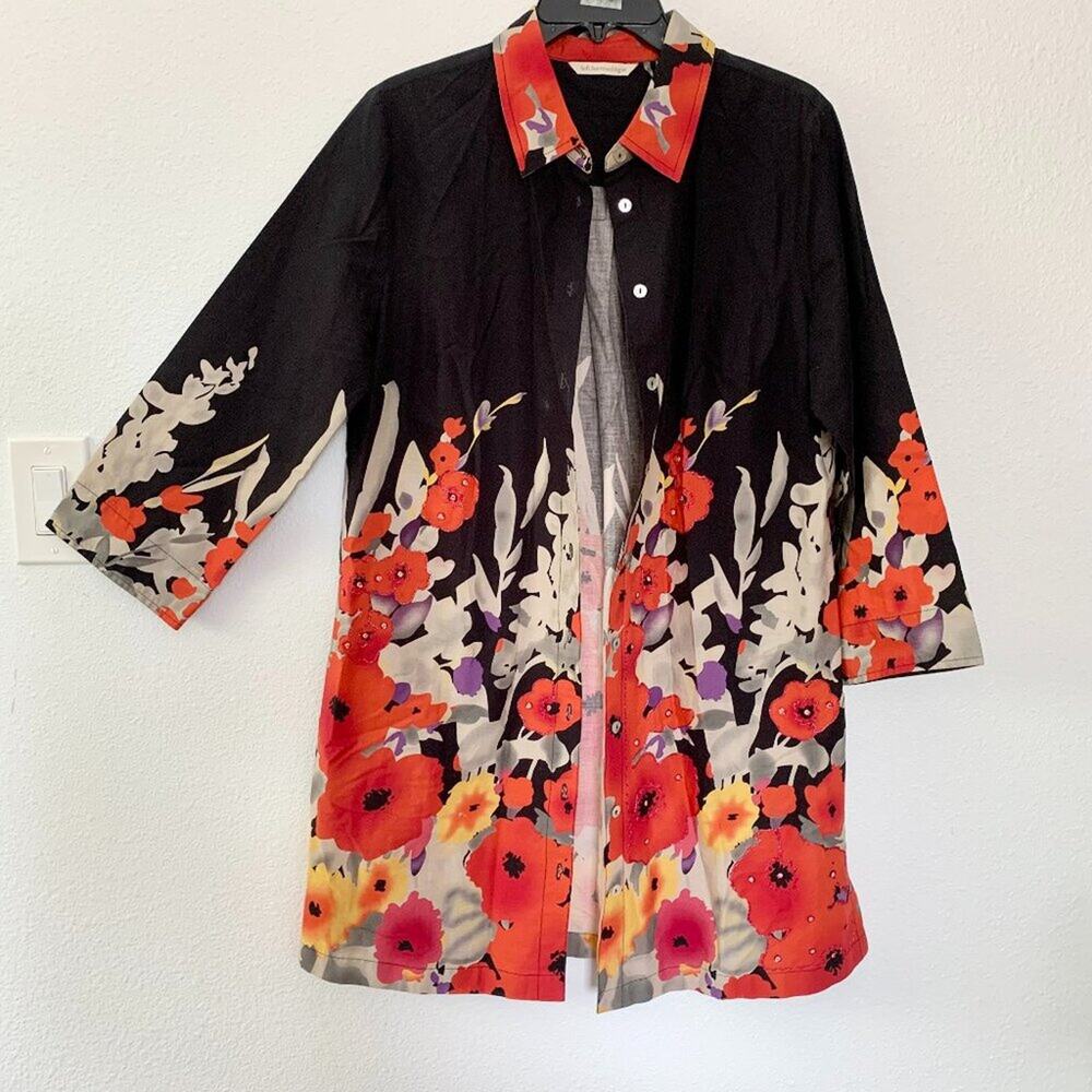 soft Surroundings Floral Beaded Button Up Tunic Shirt